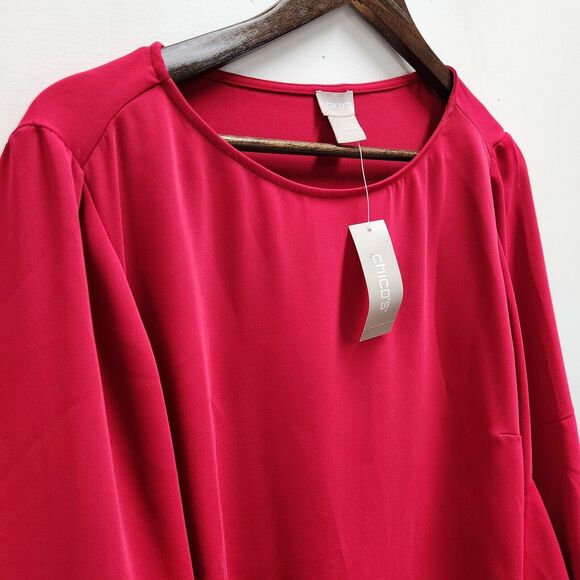 Chicos Womens Bell Sleeve Blouse Size M Scoop Neck Red Ruffle Career NWT - Picture 2 of 12